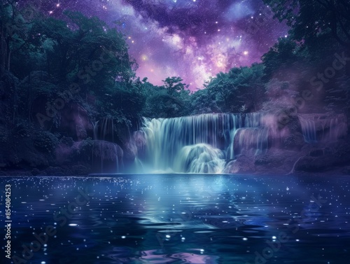 Long-exposure shot of a waterfall under a starry night sky, with the water appearing smooth and ethereal, the stars reflecting in the pool below, creating a magical and serene scene 