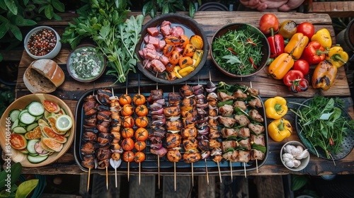 Lavish spread of grilled meats, kebabs, and an array of fresh vegetables and herbs on a wooden table photo