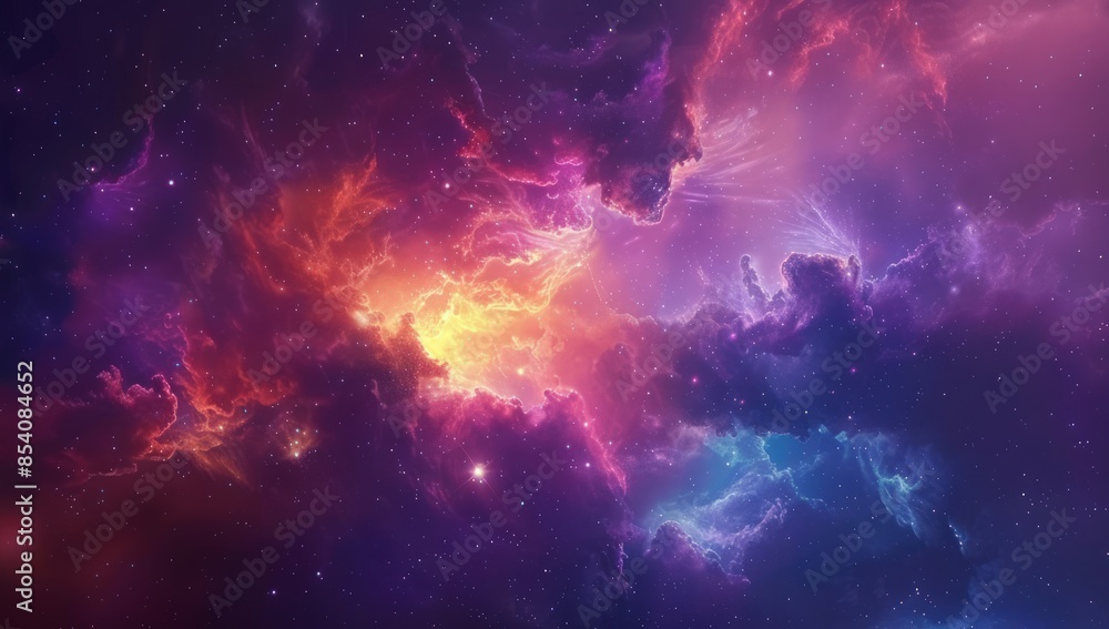 A colorful space scene with a bright yellow sun shining through the clouds. Generate AI image A colorful space scene with a bright yellow sun shining through the clouds. Generate AI image