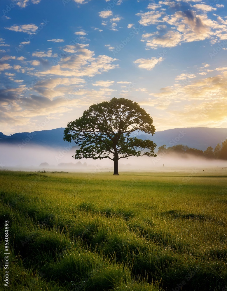 Lone oak tree is standing on a green field with the sun rising in the background, casting a warm glow over the misty landscape Lone oak tree is standing on a green field with the sun rising in the background, casting a warm glow over the misty landscape