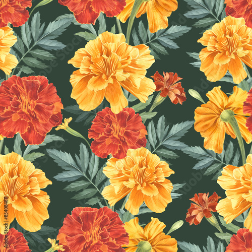 Marigolds, yellow and red buds with leaves. Watercolor illustration. Garden flowers. Seamless pattern from tagetes. Sempasuchitl ornament for background, packaging, textile, wallpaper photo