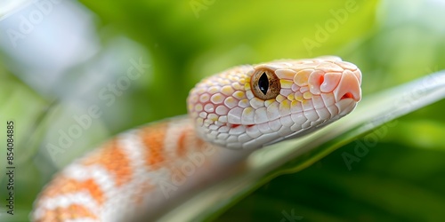 Albino corn snake in terrarium surrounded by exotic plants against a misty background with optimal lighting. Concept Exotic Reptiles, Terrarium Setups, Wildlife Photography, Lighting Techniques