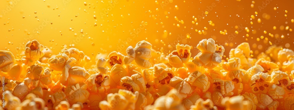 Close-up of popcorn kernels with water drops against a bright yellow background Close-up of popcorn kernels with water drops against a bright yellow background