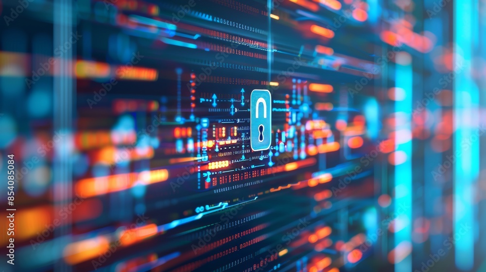 Depicting digital locks, shields, and data encryption symbols to represent cybersecurity measures in technology. Depicting digital locks, shields, and data encryption symbols to represent cybersecurity measures in technology.