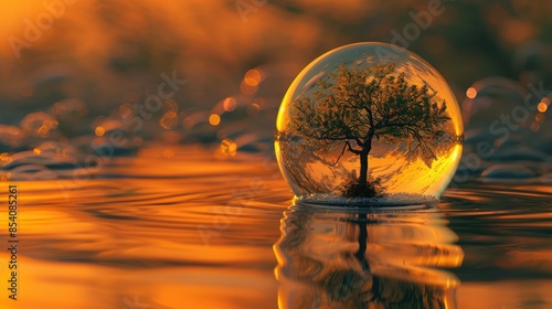 A tree encased in a glass sphere floating on water, set against a vibrant sunset, symbolizing nature's fragility and beauty.
 photo