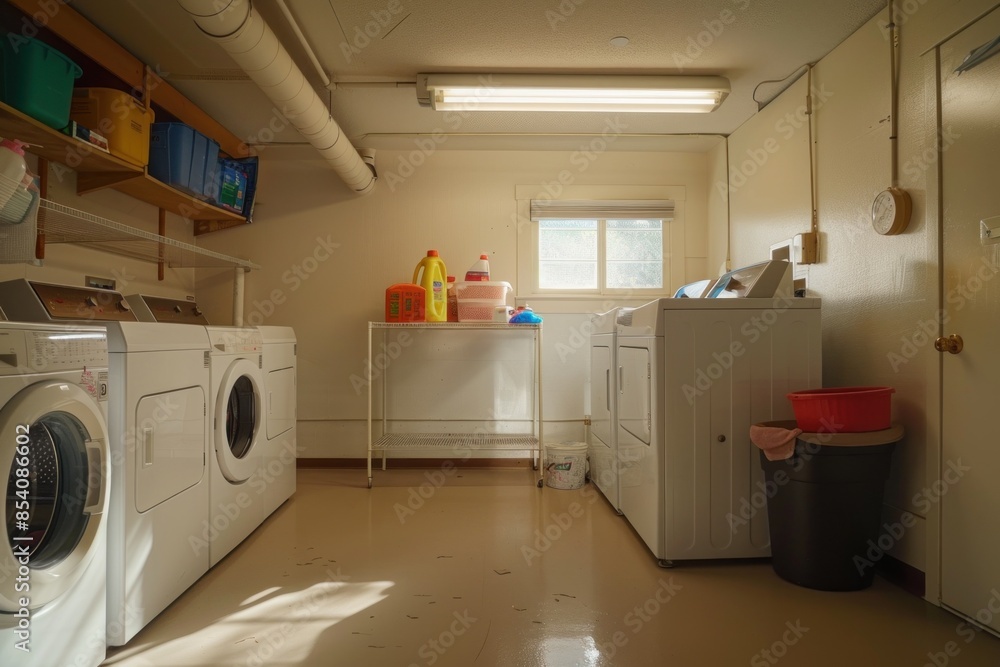 Bright laundry room with large windows and neat storage of laundry supplies and appliances, showing a clean and orderly environment. Bright laundry room with large windows and neat storage of laundry supplies and appliances, showing a clean and orderly environment.