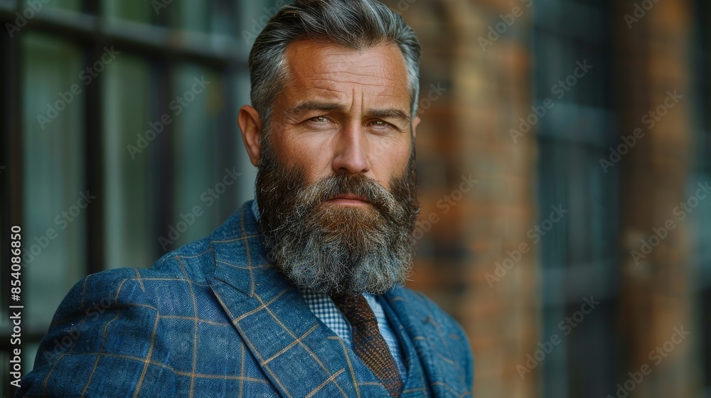 Naklejka premium Elegant bearded man wearing a checkered suit standing in front of a brick building