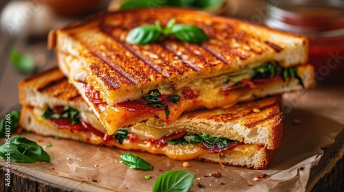Gourmet grilled cheese sandwich with ham, tomatoes, and herbs on a wooden cutting board.