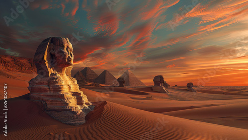 The ancient ruins of a long-forgotten desert civilization illuminated by the warm hues of a sunset, with monumental sculptures partially buried in the sand.
 photo