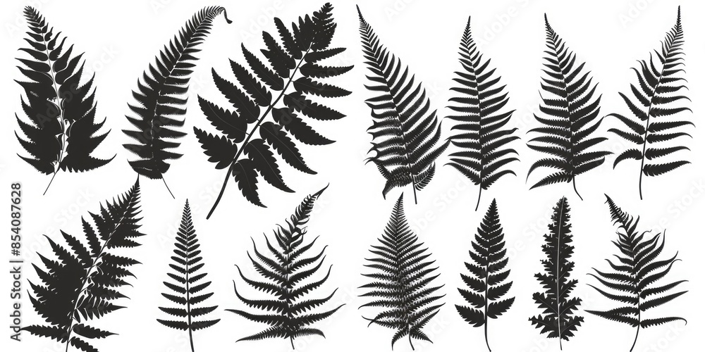 A collection of fern leaf silhouettes against a white background A collection of fern leaf silhouettes against a white background