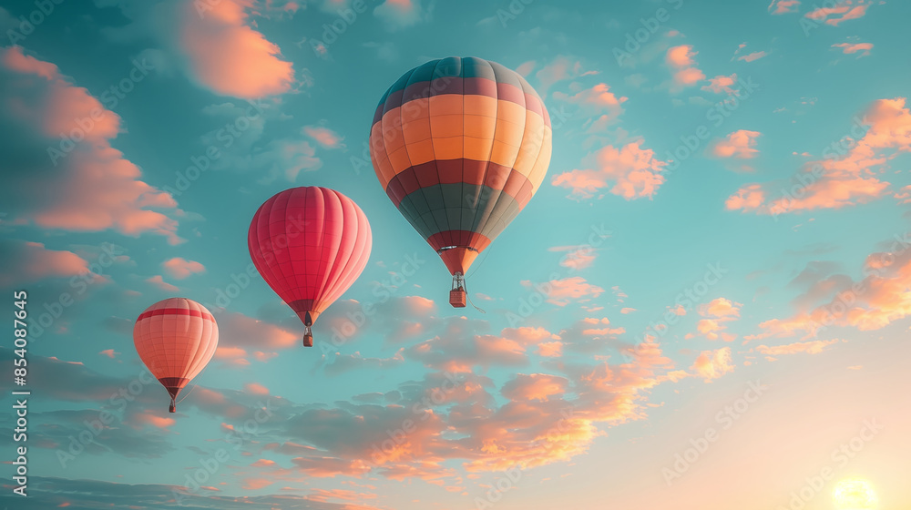 A captivating image showcasing three vibrant hot air balloons gracefully ascending against a backdrop of a picturesque sunset. A captivating image showcasing three vibrant hot air balloons gracefully ascending against a backdrop of a picturesque sunset.