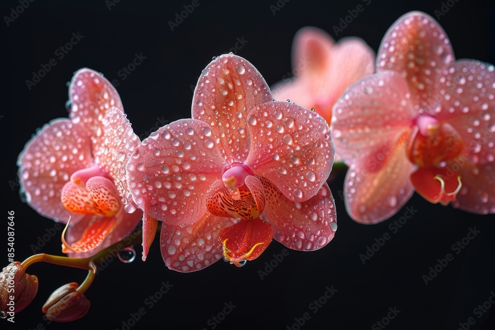 Pink Orchids with Dew Drops on Black Background Pink Orchids with Dew Drops on Black Background