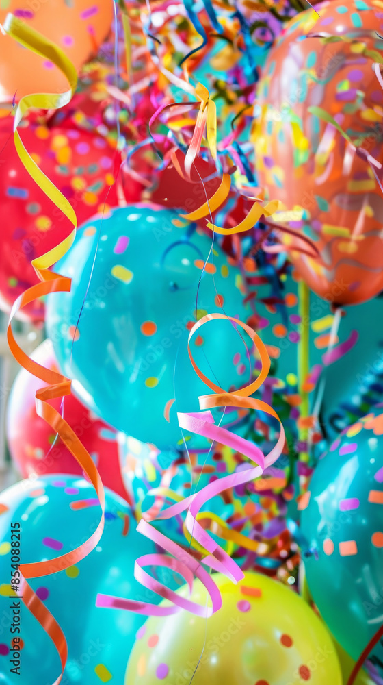 Obraz premium Colorful balloons and confetti at a celebration party. Vertical banner with copy space