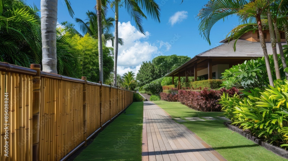 A bamboo fence surrounding a tropical-style home, showcasing sustainable materials and lush greenery. A bamboo fence surrounding a tropical-style home, showcasing sustainable materials and lush greenery.