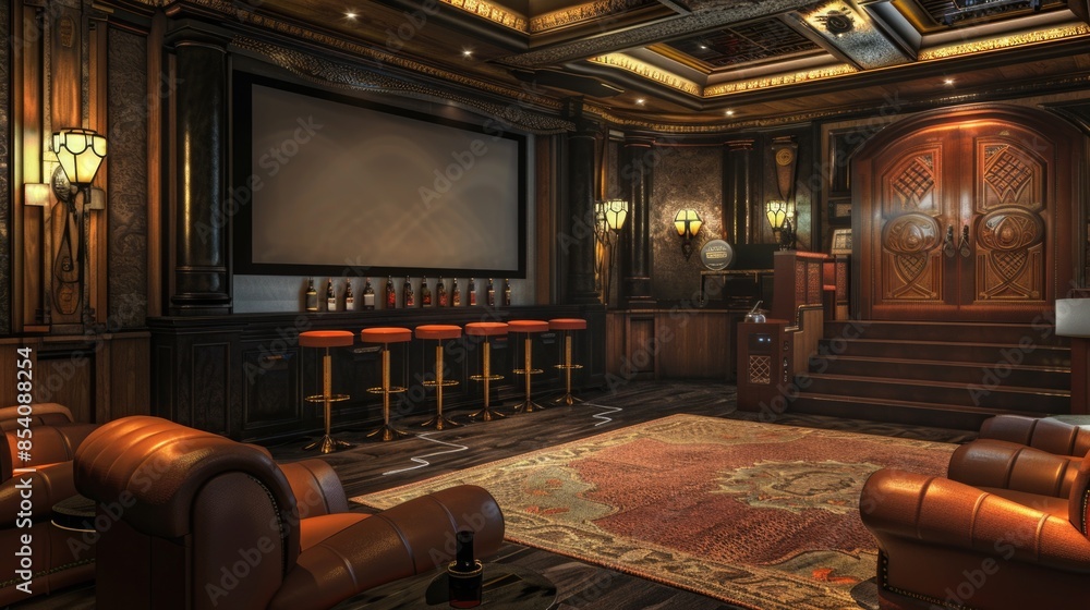 Fototapeta premium Leather chairs and a projector screen setup in a cozy home theater environment