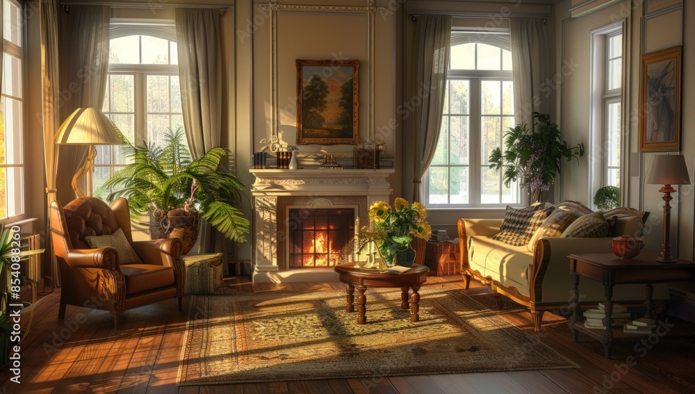 A cozy living room with a fireplace and a large window. Generate AI image A cozy living room with a fireplace and a large window. Generate AI image