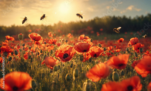 Beautiful Poppy field with Bees in summer - AI generated