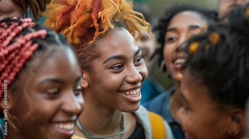 Diverse group of students interacting and smiling at each other Diverse group of students interacting and smiling at each other