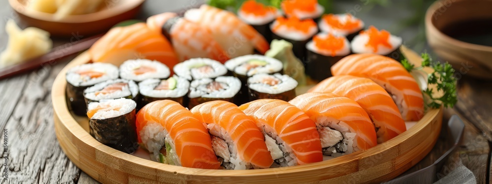 A platter of sushi with chopsticks nearby and a separate bowl of chopsticks A platter of sushi with chopsticks nearby and a separate bowl of chopsticks