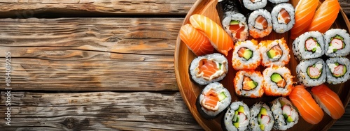  A plate of sushi topped with chopsticks nearby, on a wooden table with smooth planks