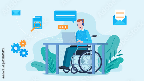 Obraz na plátne Graphic of a man on a wheelchair working at a desk on a laptop