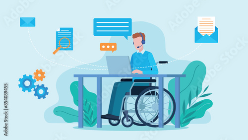 Vector graphic showing a man on a wheelchair working at a desk on a laptop. Next to him are icons: conversation bubbles, document, email, and gears. Flat style graphics.