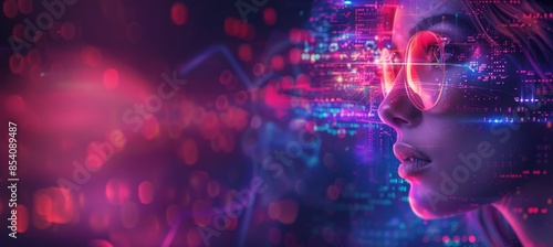 Close-up of a woman with glasses looking at digital data overlay. Technology and innovation concept. Banner with copy space