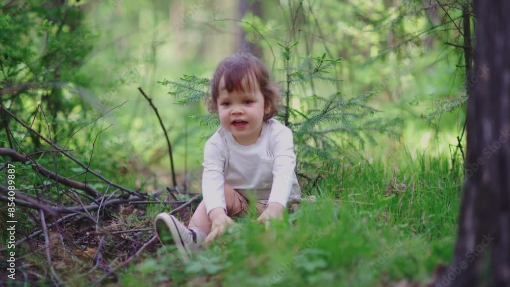The toddler is sitting and playing in the forest, enjoying a carefree childhood. The child is running around in the green grass, living a summer lifestyle. The toddler is sitting and playing in the forest, enjoying a carefree childhood. The child is running around in the green grass, living a summer lifestyle.
