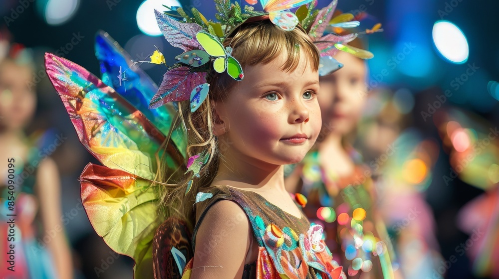 Toddler in a fairy costume, complete with wings, at a fantasy-themed children's fashion show Toddler in a fairy costume, complete with wings, at a fantasy-themed children's fashion show