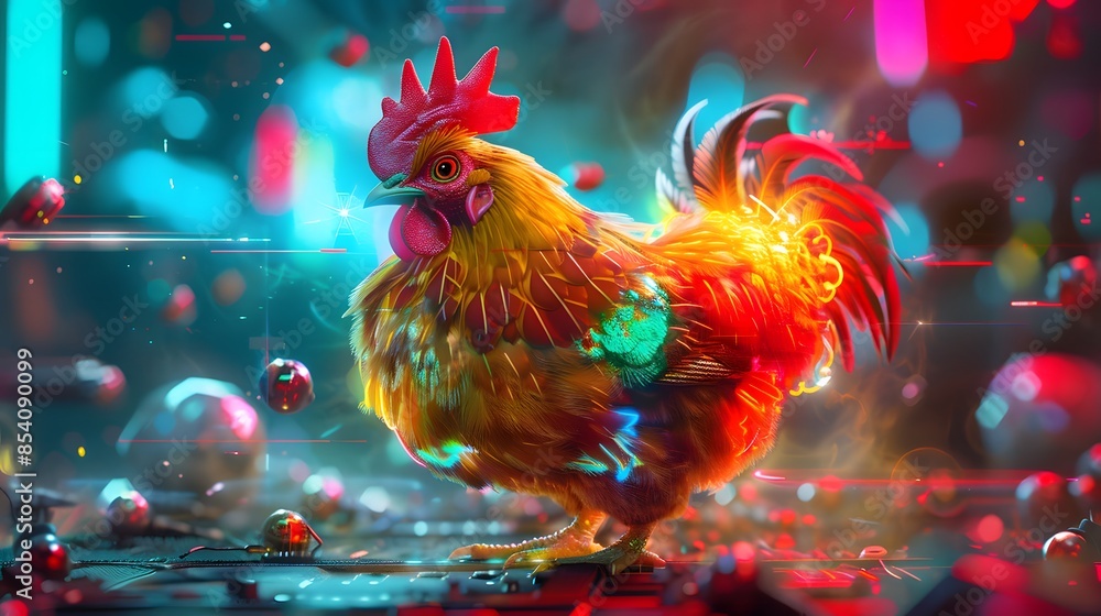 A chicken artist creating a digital art piece, using holographic tools and vibrant colors in a futuristic environment A chicken artist creating a digital art piece, using holographic tools and vibrant colors in a futuristic environment