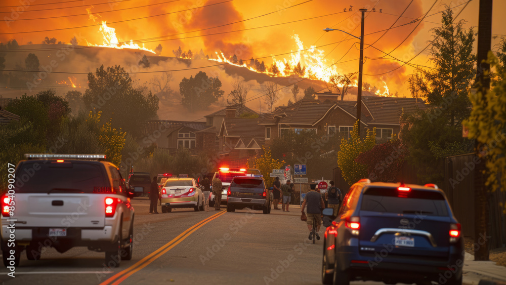 Photo of A Residents evacuating their homes as a forest fire approaches. People are seen loading belongings into cars, and emergency vehicles are guiding the evacuation. Photo of A Residents evacuating their homes as a forest fire approaches. People are seen loading belongings into cars, and emergency vehicles are guiding the evacuation.