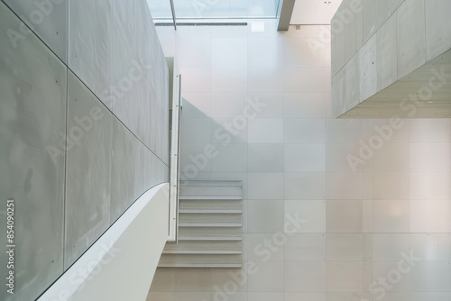 An overhead view of a simple, geometric installation in a contemporary art gallery, showcasing the clean lines and minimalist design of the space