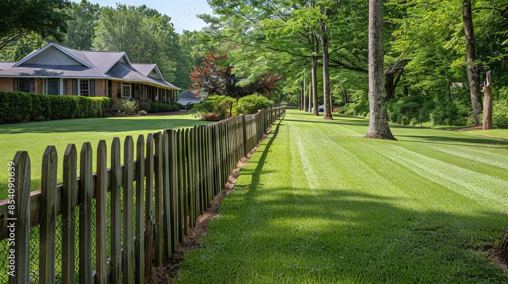 Wooden picket fences surrounding a suburban home Wooden picket fences surrounding a suburban home