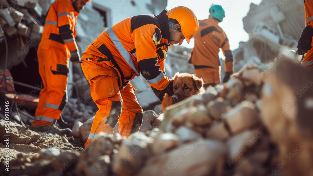 Rescue workers searching through earthquake debris with dogs.
Rescue workers searching through earthquake debris with dogs.