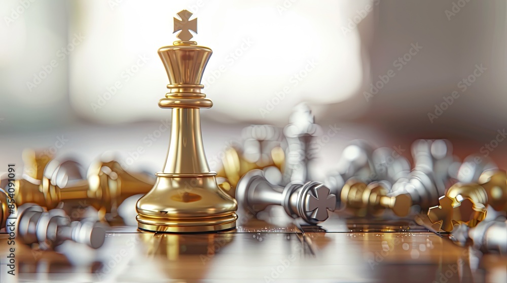 a gold king chess piece triumphantly standing over fallen silver pawns on a wooden board, against a blurred white background emphasizing depth of field. a gold king chess piece triumphantly standing over fallen silver pawns on a wooden board, against a blurred white background emphasizing depth of field.