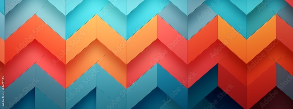 Chevron pattern with vibrant blue, red, and orange colors. Abstract digital art. Modern decoration and design concept. Banner with copy space Chevron pattern with vibrant blue, red, and orange colors. Abstract digital art. Modern decoration and design concept. Banner with copy space