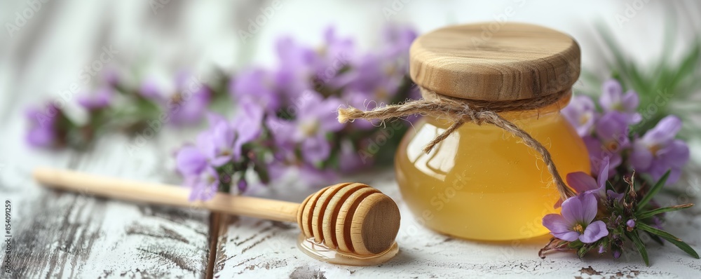 Honey in a small glass jar tied with twine next to purple flowers and a honey dipper on a wooden surface Honey in a small glass jar tied with twine next to purple flowers and a honey dipper on a wooden surface
