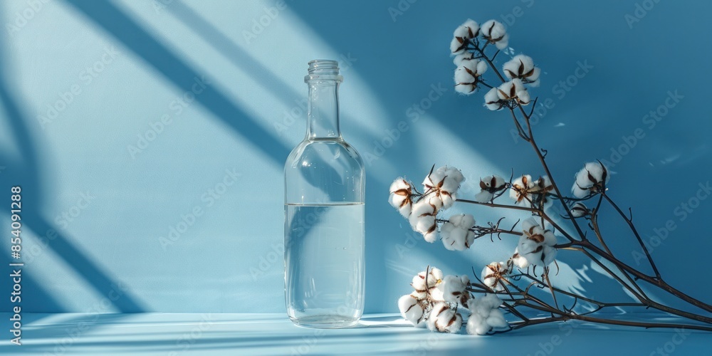 A clear bottle of water sits on a table next to a bunch of white flowers. Generate AI image A clear bottle of water sits on a table next to a bunch of white flowers. Generate AI image