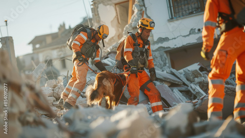 Rescue workers searching through earthquake debris with dogs.