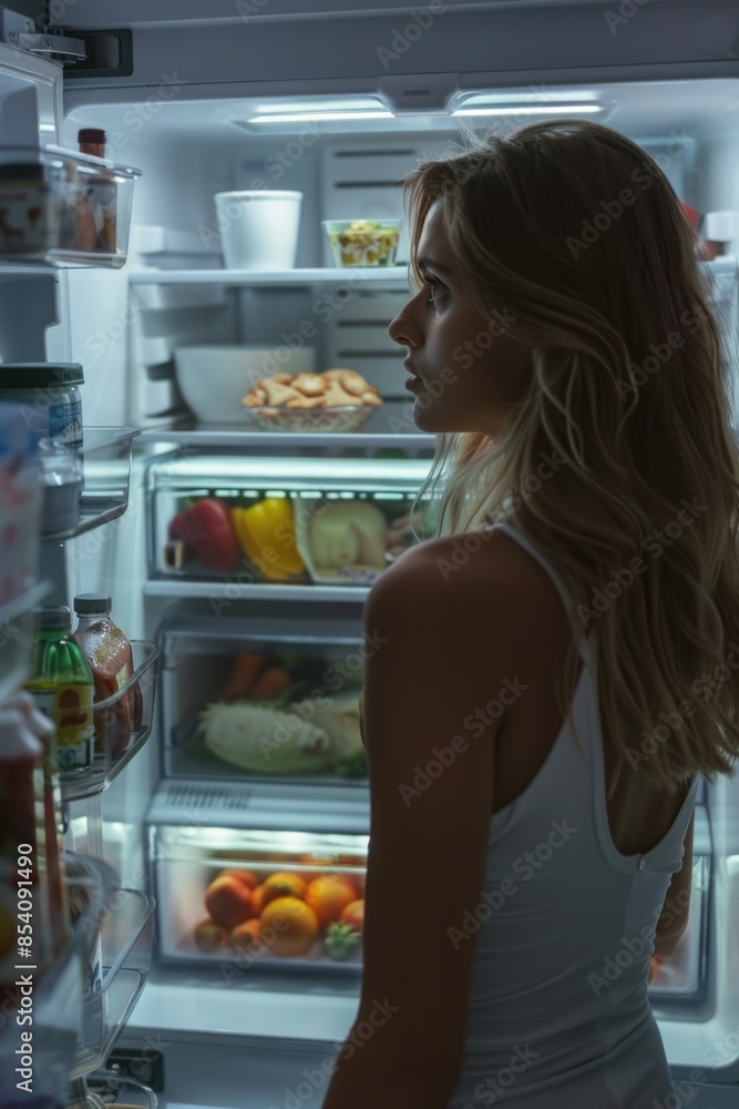A woman standing in front of an open refrigerator A woman standing in front of an open refrigerator
