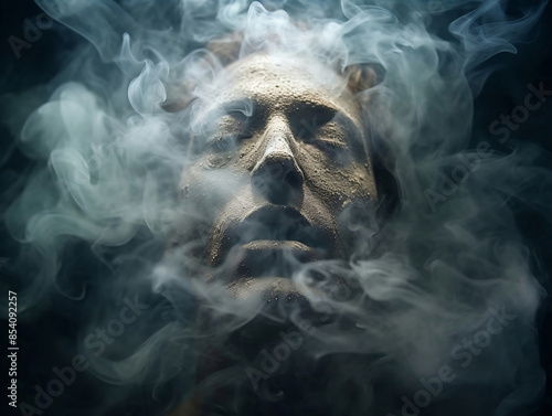 man in smoke consisting of ashes, self-destruction