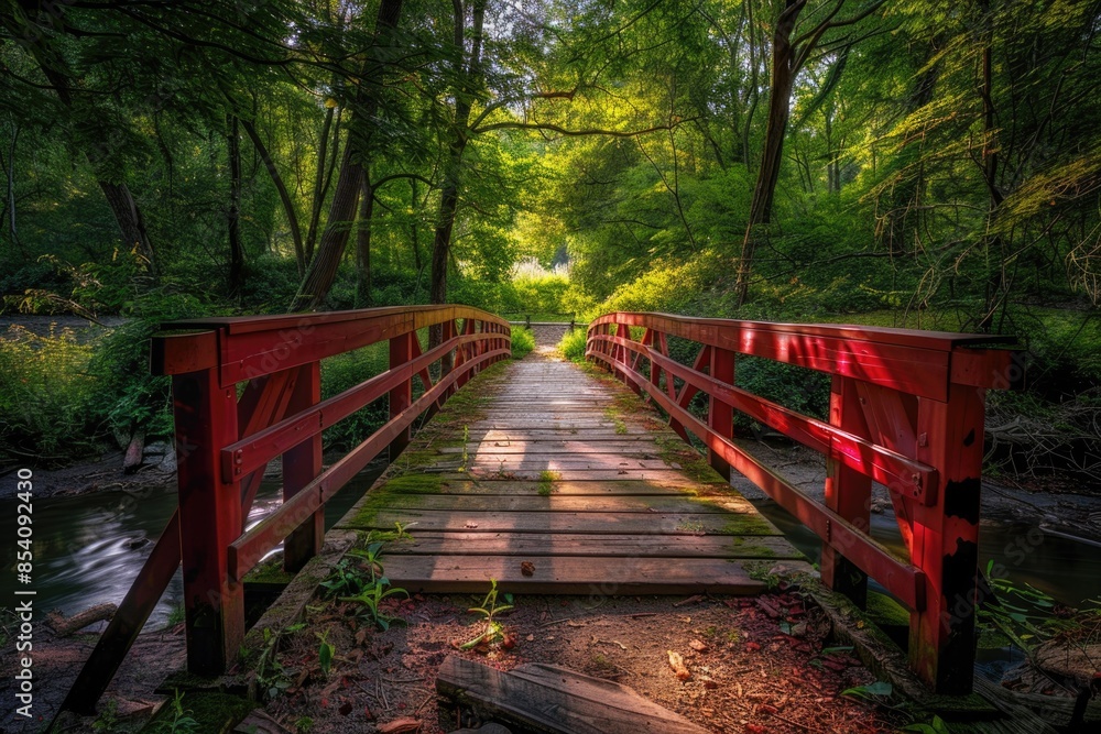 A wooden bridge spanning a stream in a forest, ideal for use in images of nature, landscapes, or serene environments A wooden bridge spanning a stream in a forest, ideal for use in images of nature, landscapes, or serene environments