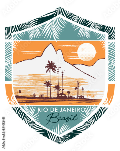 Emblem illustration with elements from the city of Rio de Janeiro, Brazil.