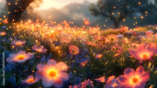 A beautiful field of flowers glows with magical light as the sun sets in the distance.