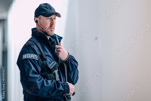 A security guard in a blue uniform uses a radio while standing in a building