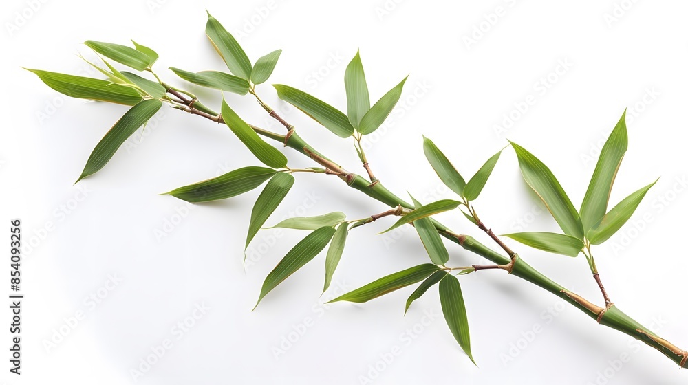 Thick-stemmed bamboo branch with leaves on white background Thick-stemmed bamboo branch with leaves on white background