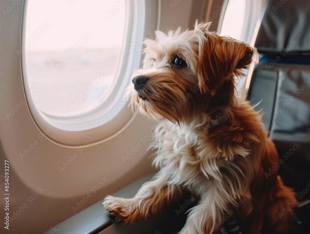 Cute Yorkshire terrier dog looks out the window while sitting on an airplane. Cute Yorkshire terrier dog looks out the window while sitting on an airplane.