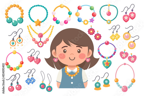Kids jewelry set. Colorful handmade bracelets, earrings and necklaces with plastic beads, stars, hearts, flowers. Illustration in flat style. Vector