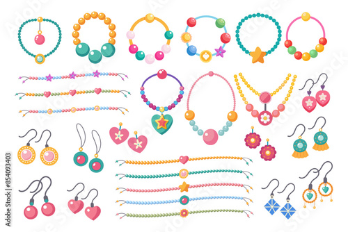 Kids jewelry set. Colorful handmade bracelets, earrings and necklaces with plastic beads, stars, hearts, flowers. Illustration. Vector