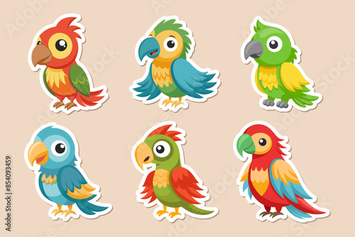 Set of cute parrots, children's stickers collection. Cute cartoon macaw birds. Illustration, print for children
